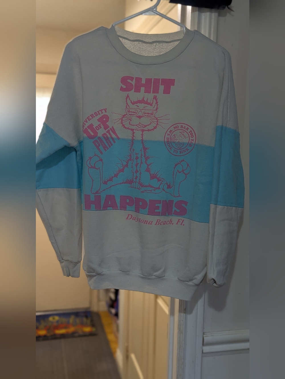 Vintage Graphic 'Shit Happens' Cat Sweatshirt in White and Teal with Pink Print